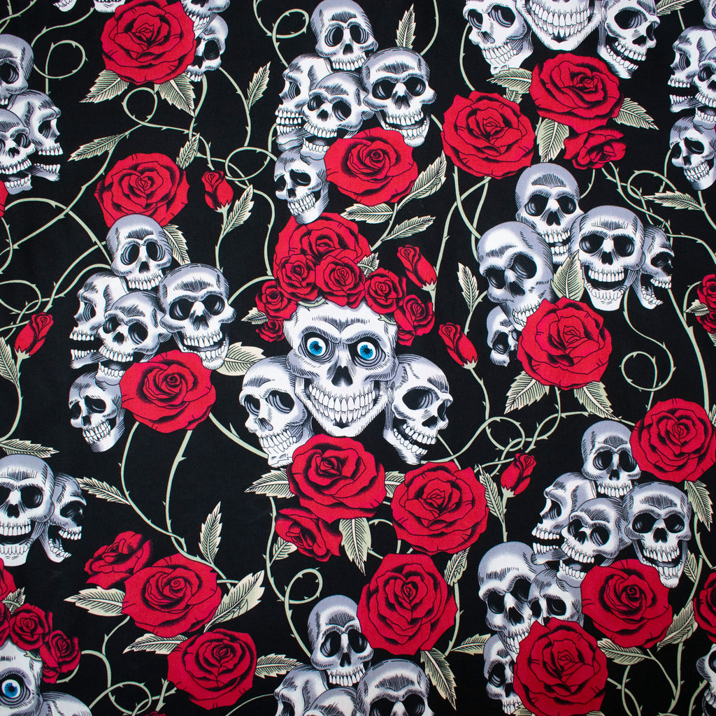 Skulls and Red Roses 100% Cotton Fabric