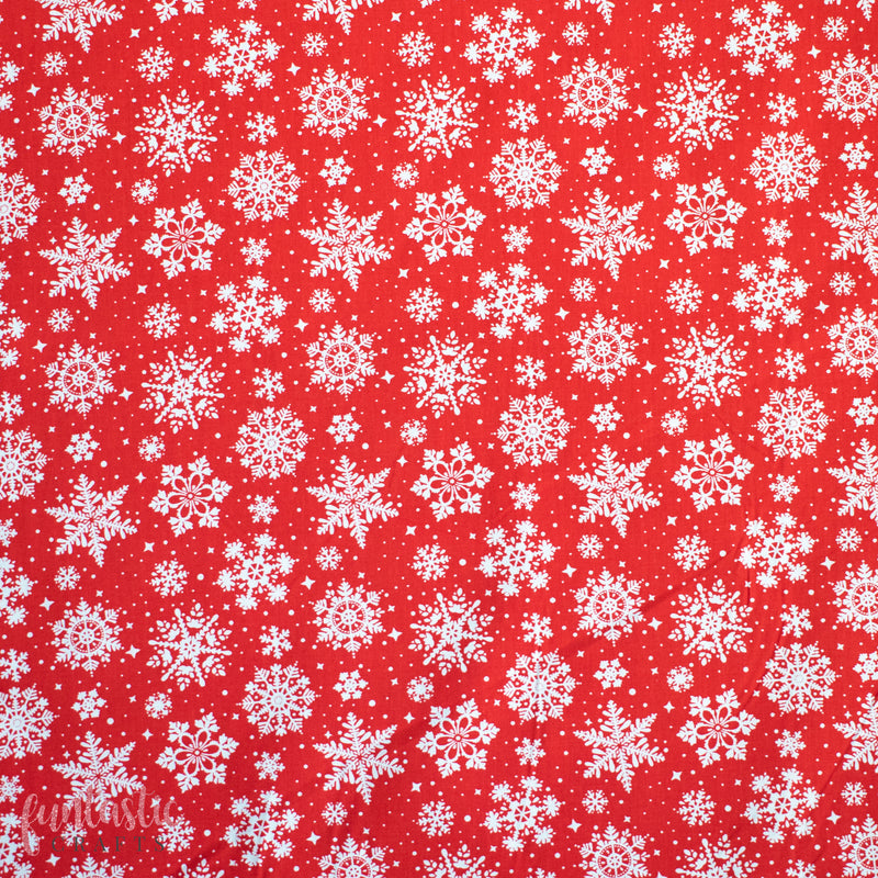 Snowflakes on Red - Christmas Polycotton Fabric