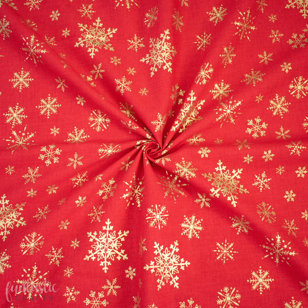 Metallic Gold Snowflakes on Red 100% Cotton Christmas Fabric