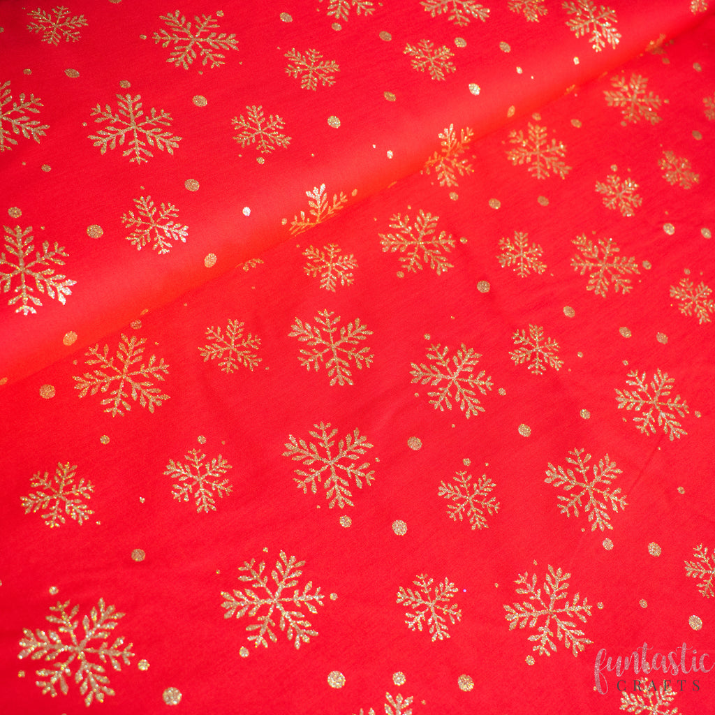 Red Glitter Snowflakes 100% Cotton Christmas Fabric by Rose and Hubble
