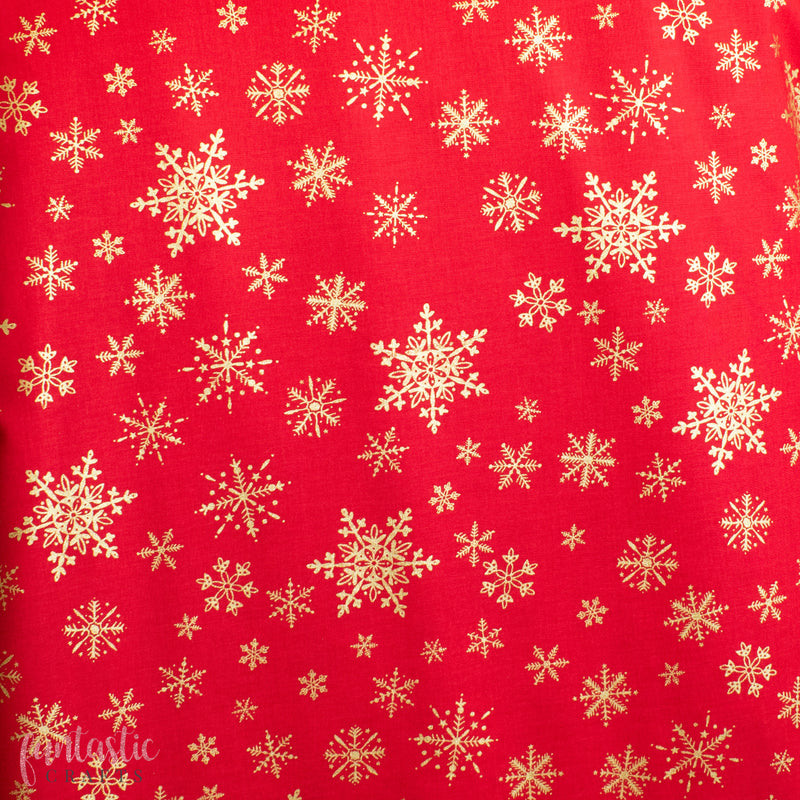 Metallic Gold Snowflakes on Red 100% Cotton Christmas Fabric