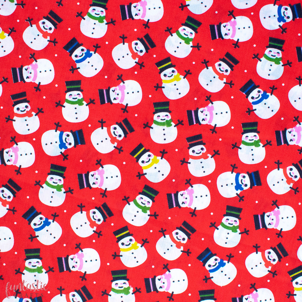 Smiley Snowmen on Red Polycotton Fabric
