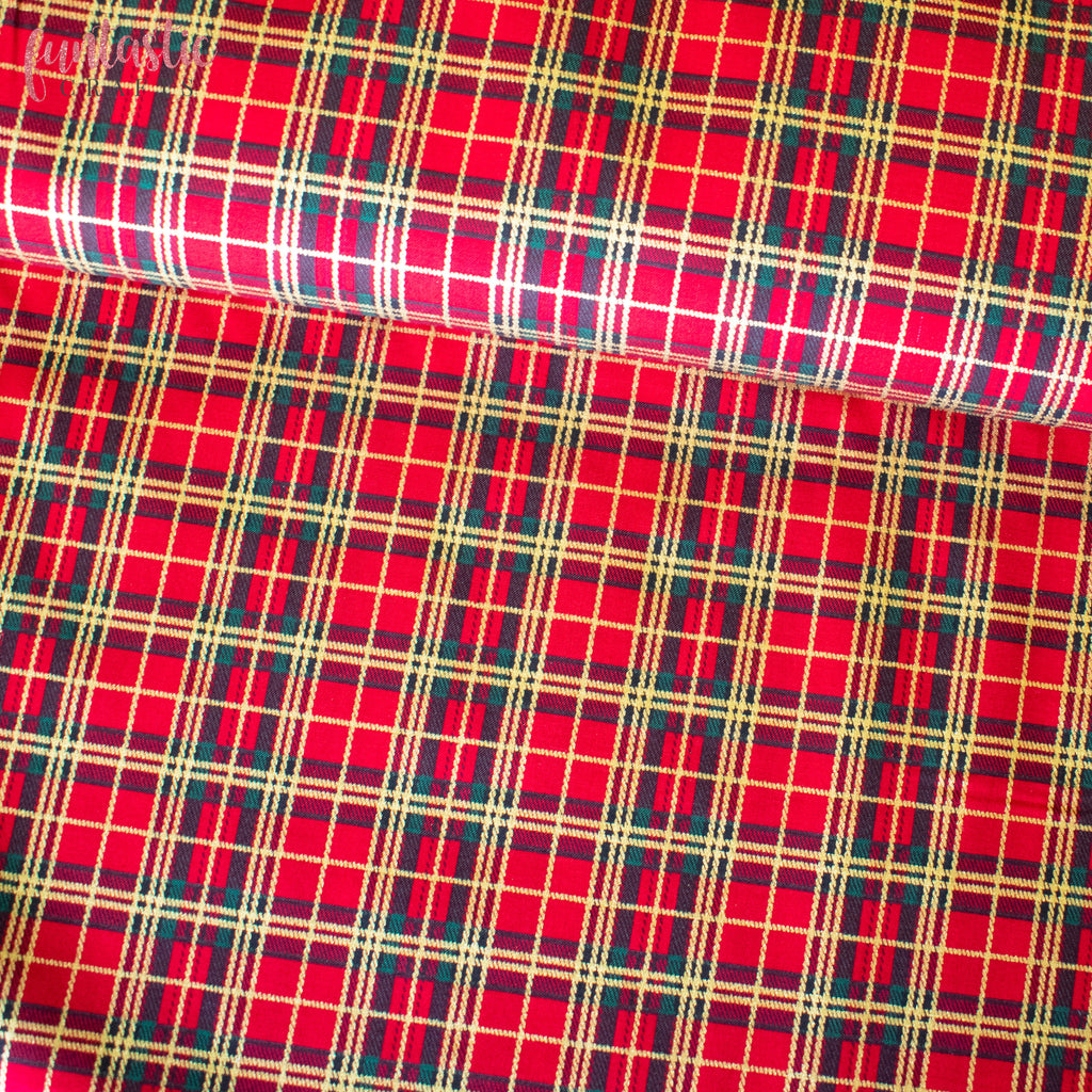 Red and Gold Metallic Tartan 100% Cotton Christmas Fabric by Rose and Hubble