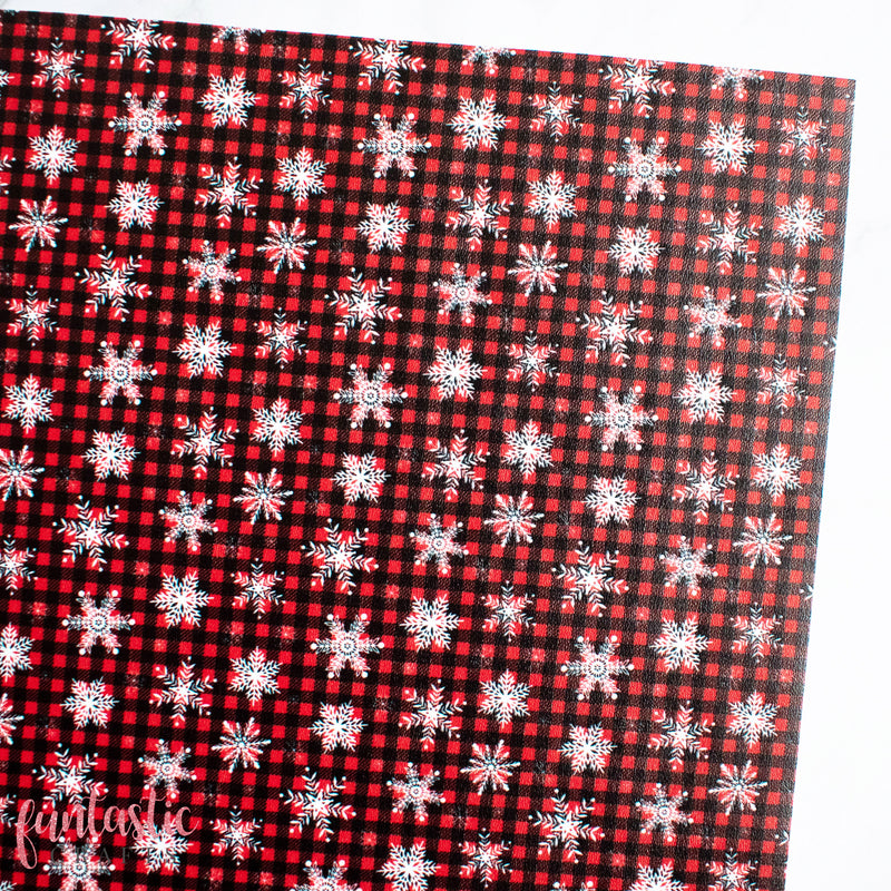Snowflakes on Red Tartan Christmas Printed Leatherette