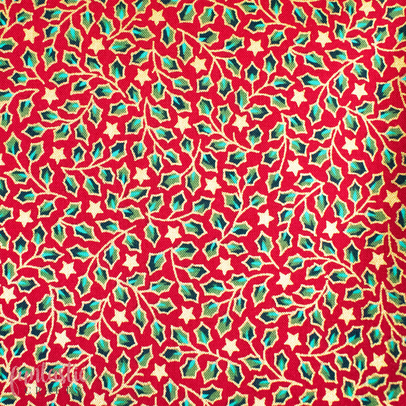 Mini Holly and Stars on Red 100% Cotton Christmas Fabric