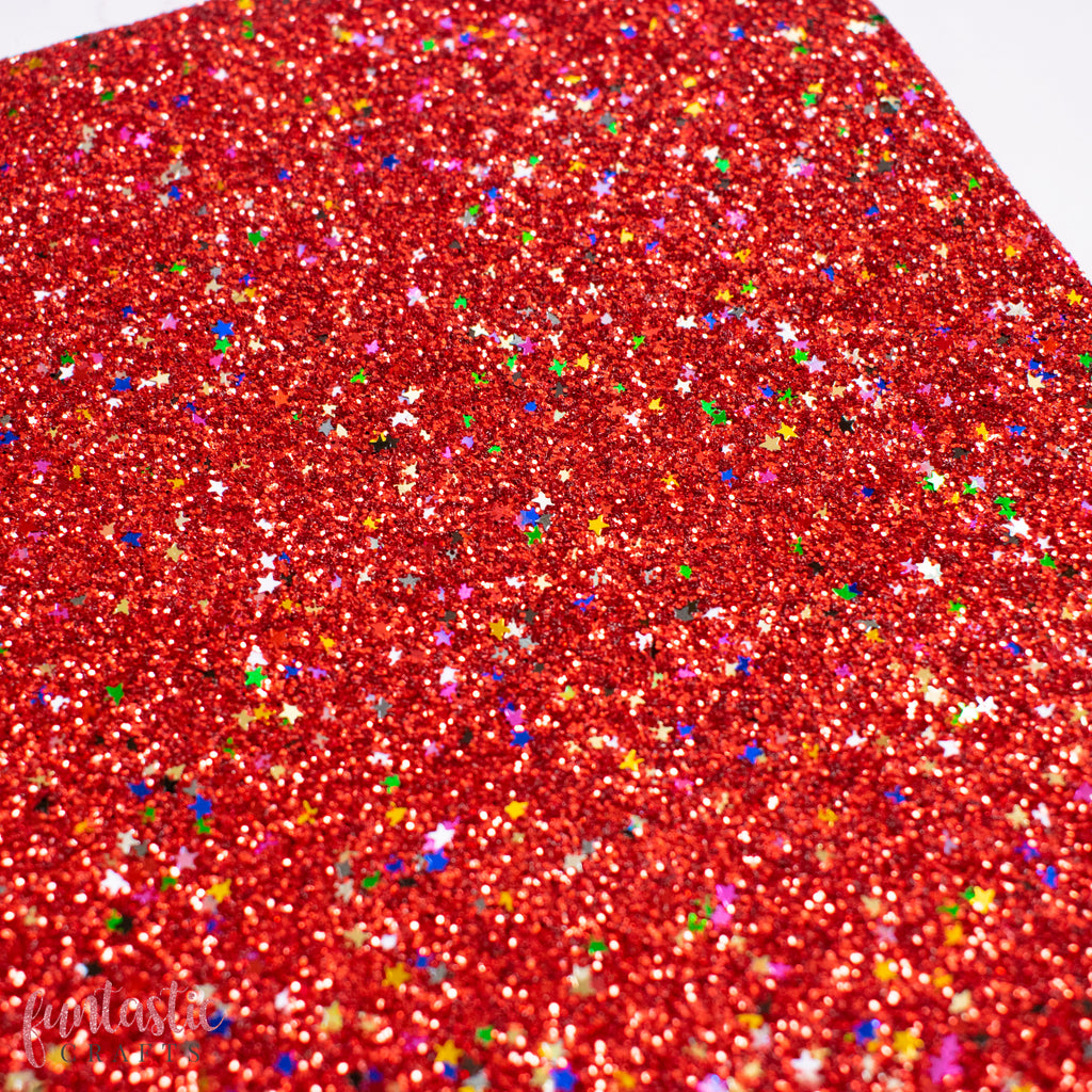Christmas Stars on Red Chunky Glitter Fabric