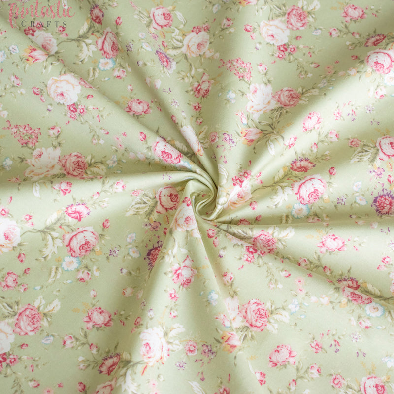 Sage Green Vintage Floral - 100% Cotton Fabric by Rose and Hubble