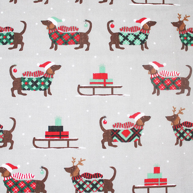 Christmas Dachshunds on Silver Polycotton Fabric