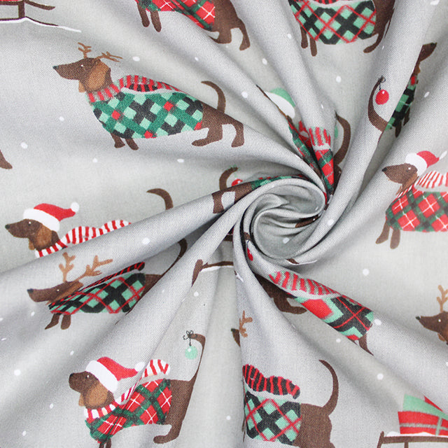 Christmas Dachshunds on Silver Polycotton Fabric