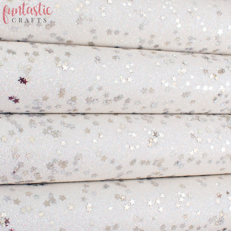 Silver Stars on Iridescent White Fine Glitter Fabric