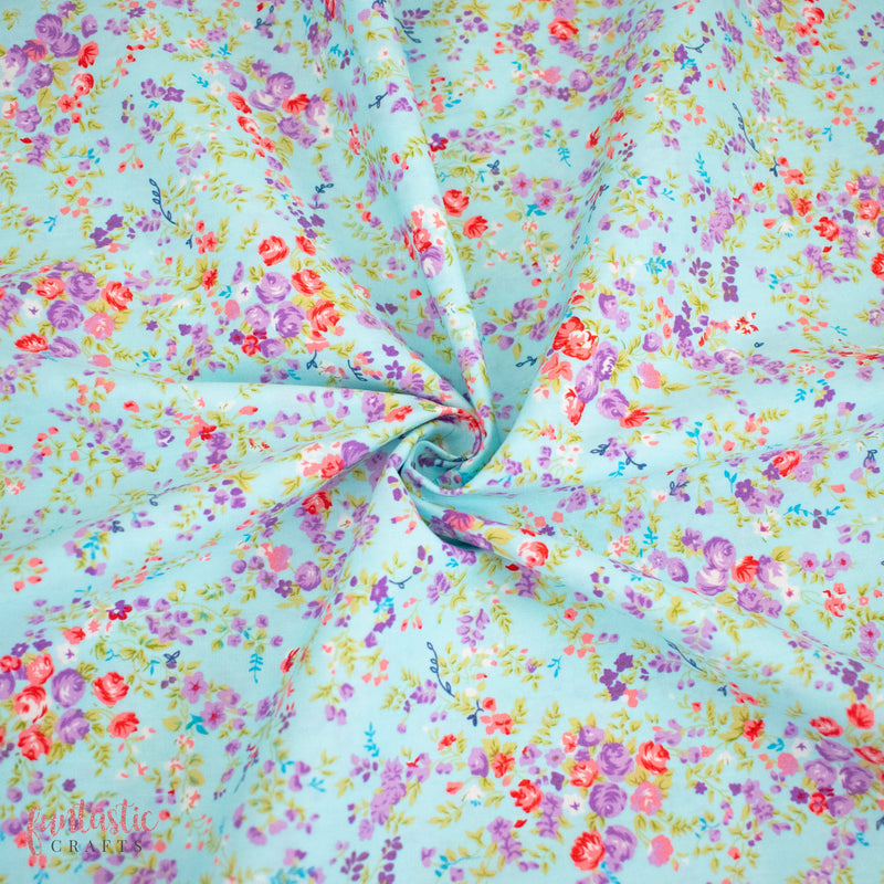 Sky Blue Emily Floral - 100% Cotton Fabric by Rose and Hubble