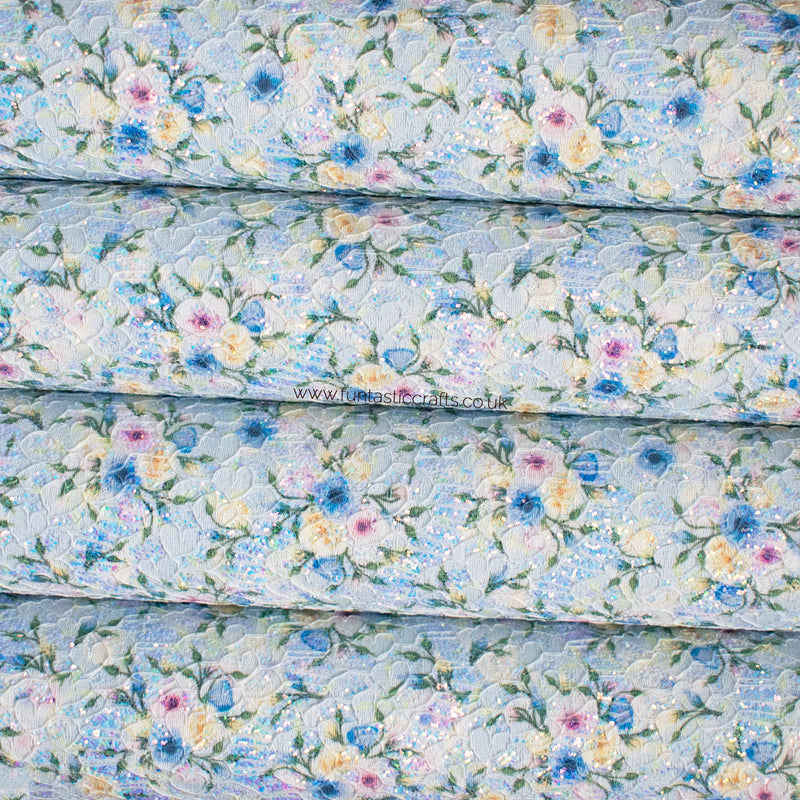 Iridescent Floral Glitter Lace Fabric - Sky Blue