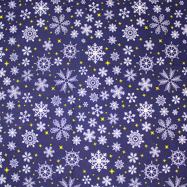 Snow and Stars on Navy Polycotton Fabric