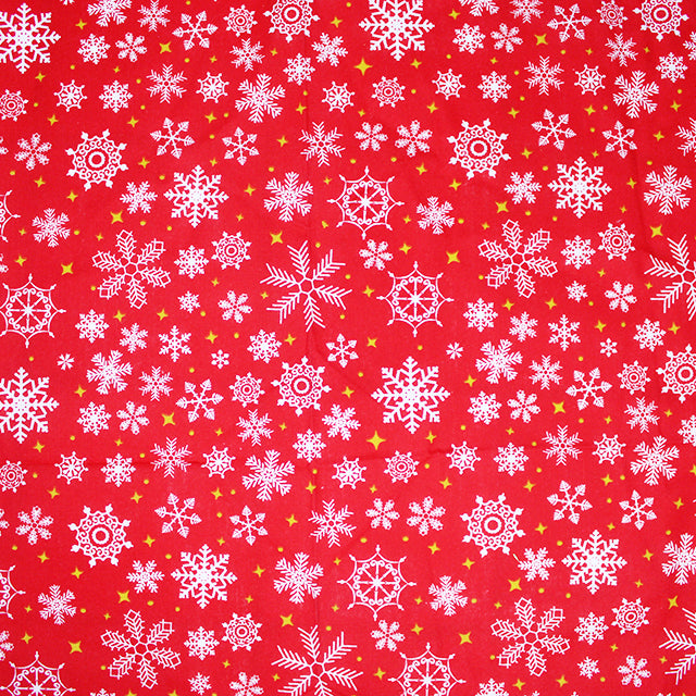 Snow and Stars on Red Polycotton Fabric