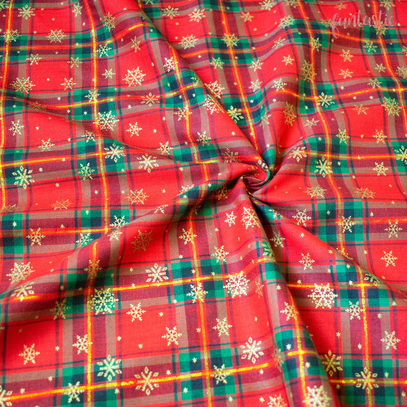 Metallic Snowflakes on Red Tartan 100% Cotton Christmas Fabric