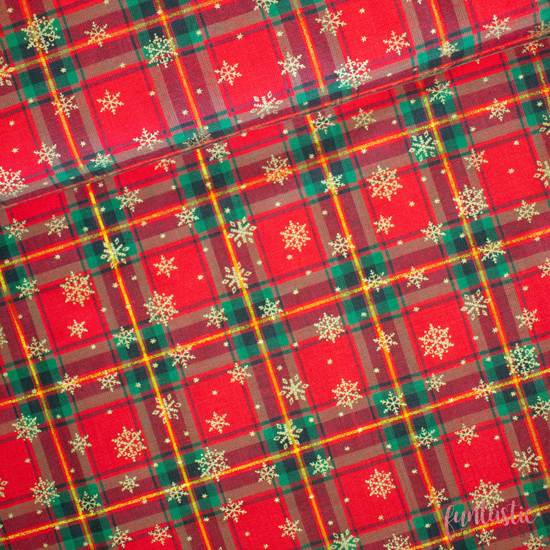 Metallic Snowflakes on Red Tartan 100% Cotton Christmas Fabric