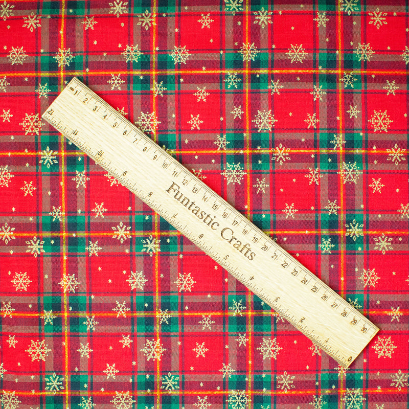 Metallic Snowflakes on Red Tartan 100% Cotton Christmas Fabric