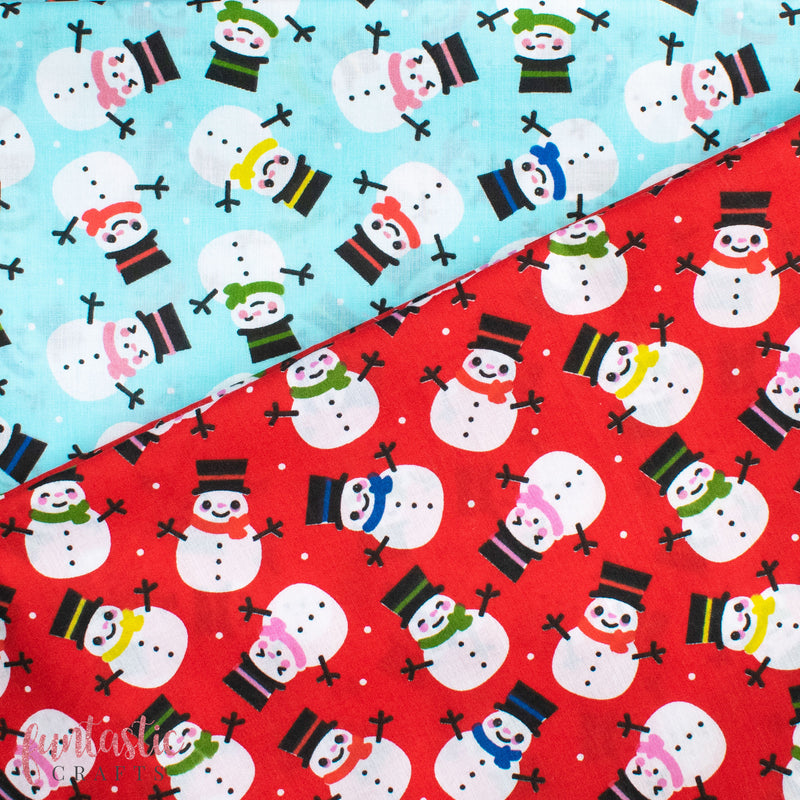 Smiley Snowmen on Red Polycotton Fabric
