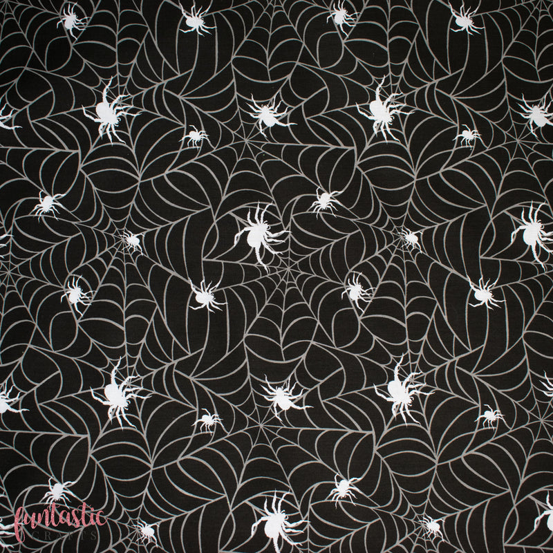 Cobwebs and Spiders on Black - Halloween Polycotton Fabric