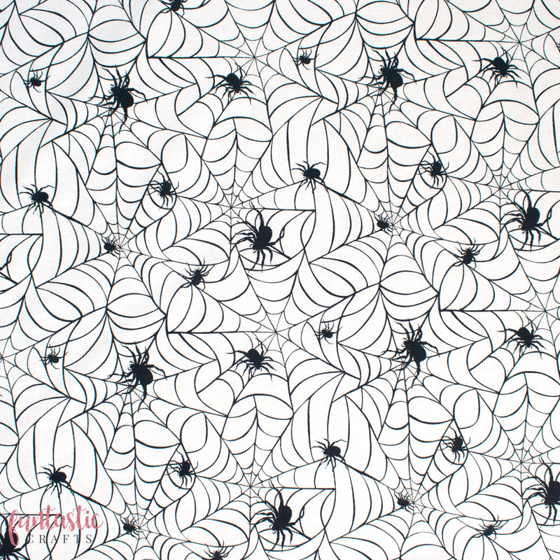 Cobwebs and Spiders on White - Halloween Polycotton Fabric