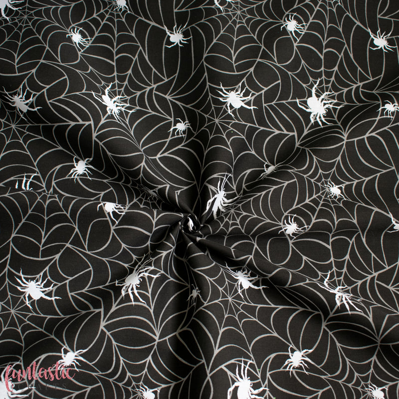 Cobwebs and Spiders on Black - Halloween Polycotton Fabric