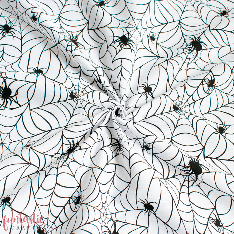 Cobwebs and Spiders on White - Halloween Polycotton Fabric