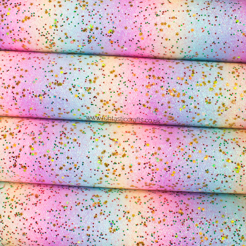 Starry Pastel Rainbow - Fine Glitter Fabric with Holographic Gold Stars
