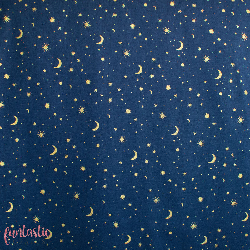 Gold Stars and Moon on Navy Blue 100% Cotton Christmas Fabric