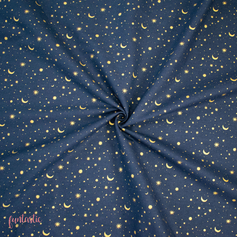 Gold Stars and Moon on Navy Blue 100% Cotton Christmas Fabric