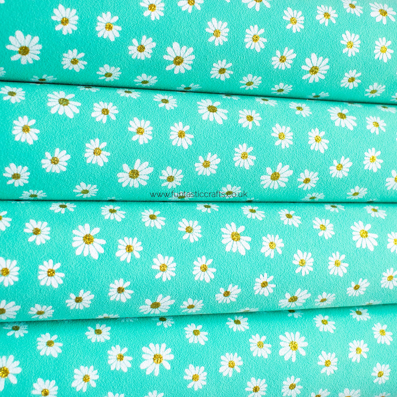 Aqua Daisy Floral Faux Suede Fabric