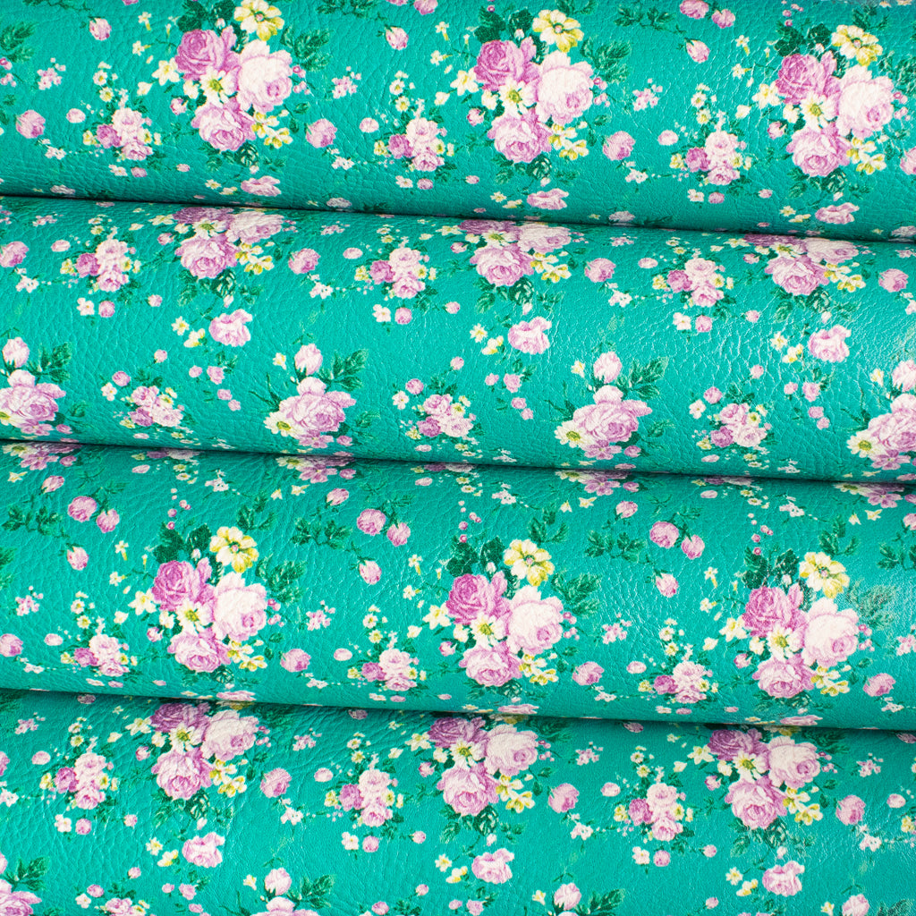 Teal Blue Floral Bouquets Printed Leatherette