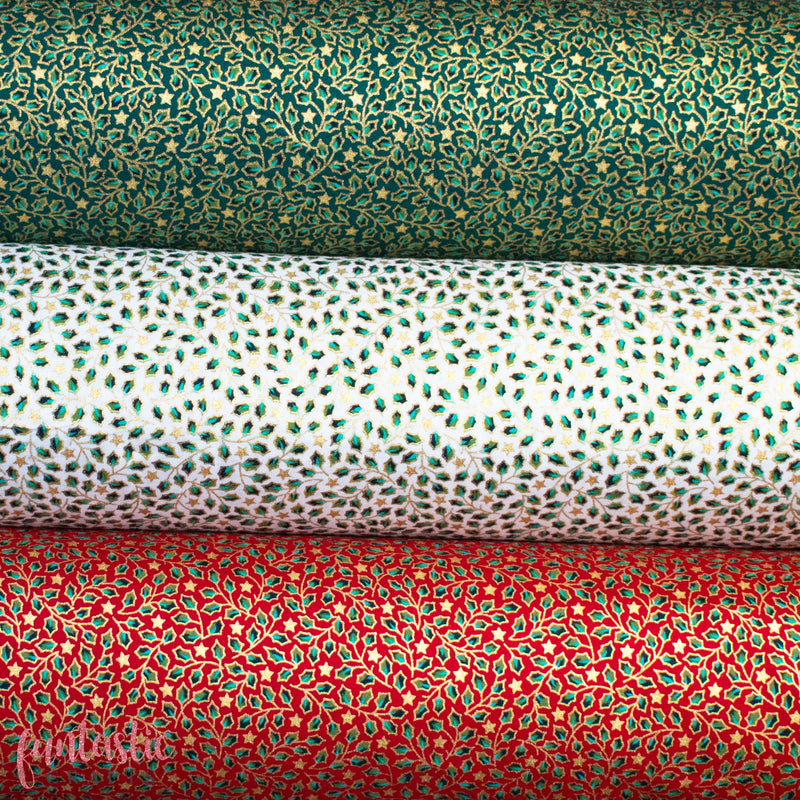 Mini Holly and Stars on Ivory 100% Cotton Christmas Fabric