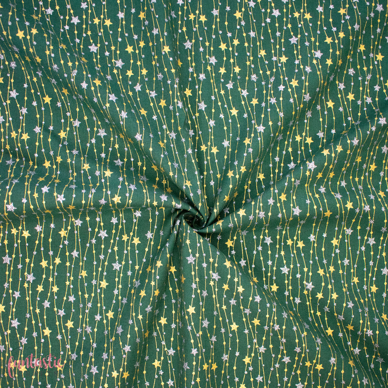 Gold and Silver Glitter Stars on Green 100% Cotton Christmas Fabric