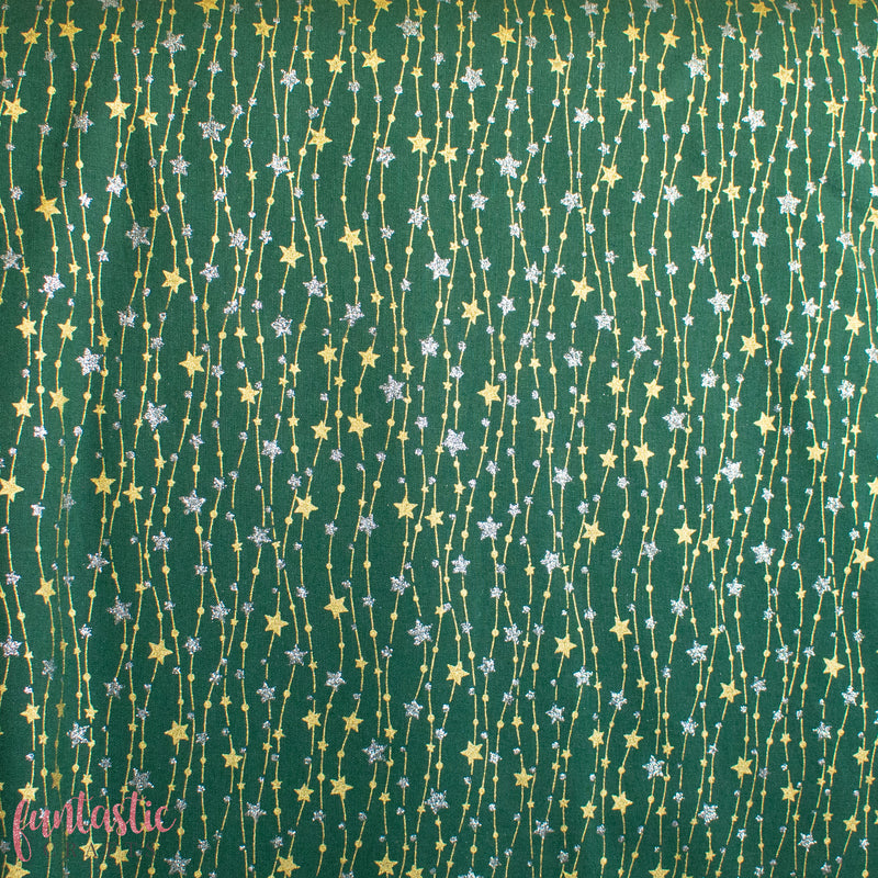 Gold and Silver Glitter Stars on Green 100% Cotton Christmas Fabric