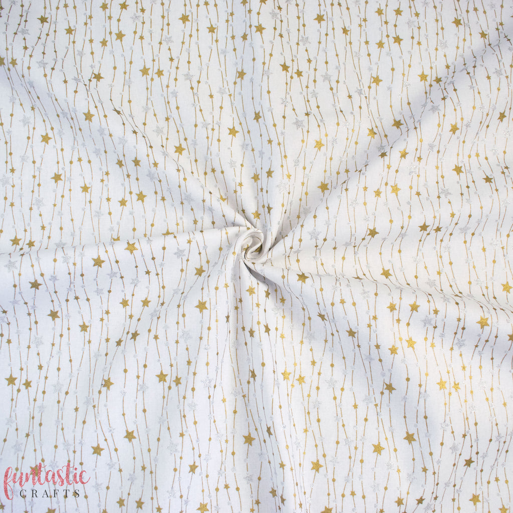 Gold and Silver Glitter Stars on Ivory 100% Cotton Christmas Fabric