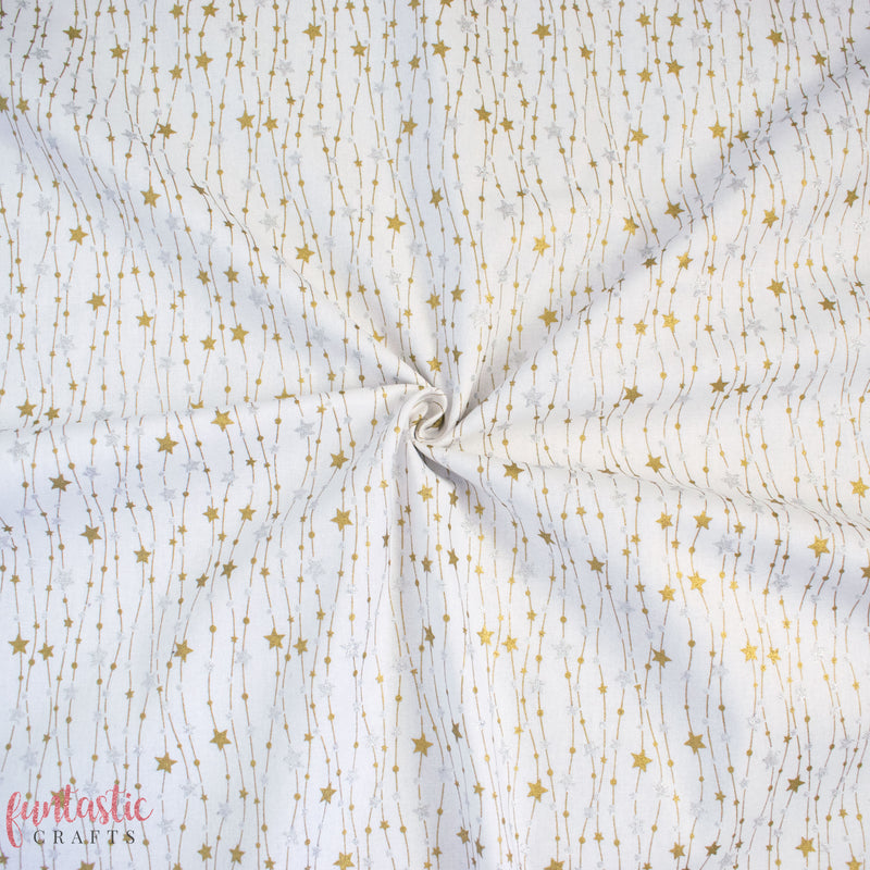 Gold and Silver Glitter Stars on Ivory 100% Cotton Christmas Fabric