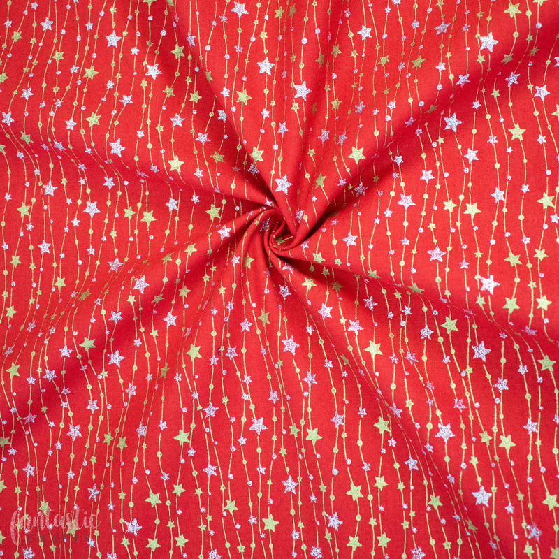 Gold and Silver Glitter Stars on Red 100% Cotton Christmas Fabric