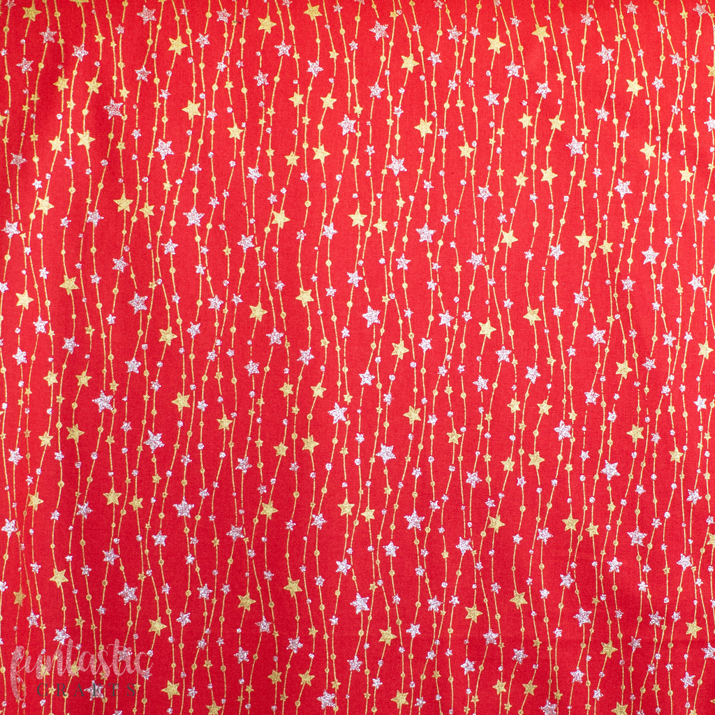 Gold and Silver Glitter Stars on Red 100% Cotton Christmas Fabric