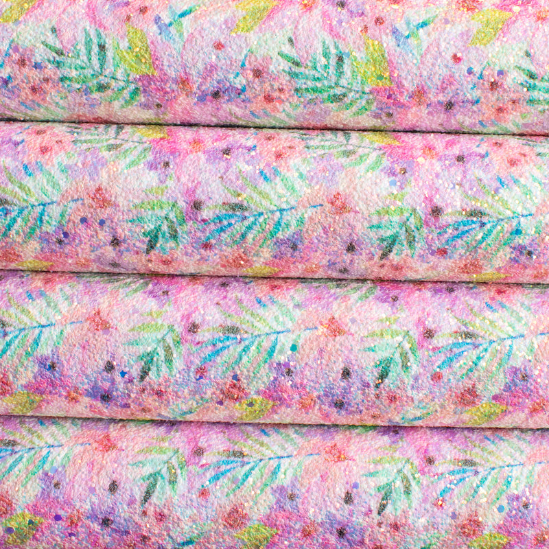 Pastel Tropical Floral Printed Chunky Glitter Fabric