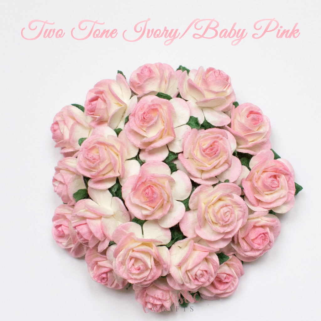 Two Tone Baby Pink/Ivory Mulberry Paper Flowers Open Roses