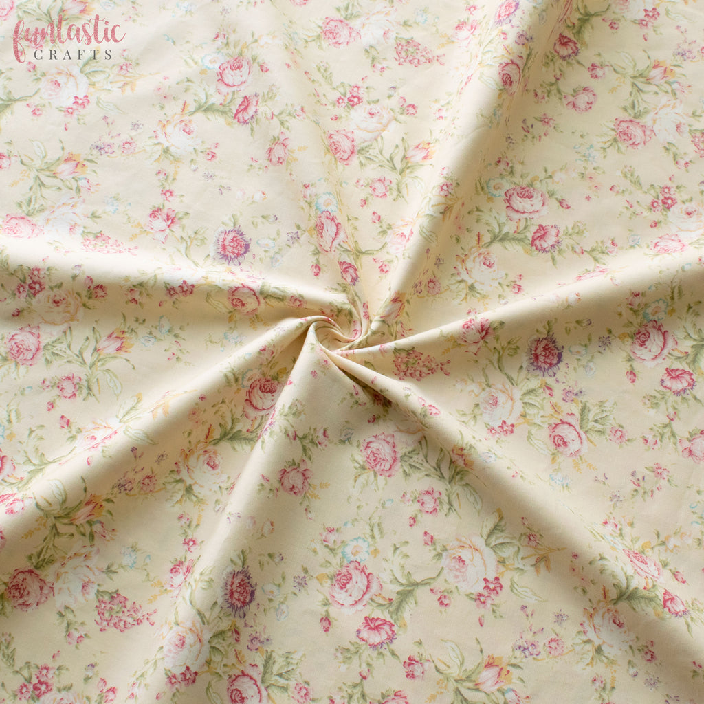 Ivory Vintage Floral - 100% Cotton Fabric by Rose and Hubble