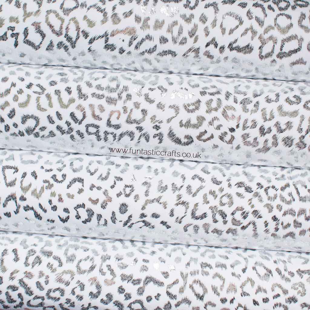 Leopard Print Metallic Faux Suede Fabric - White
