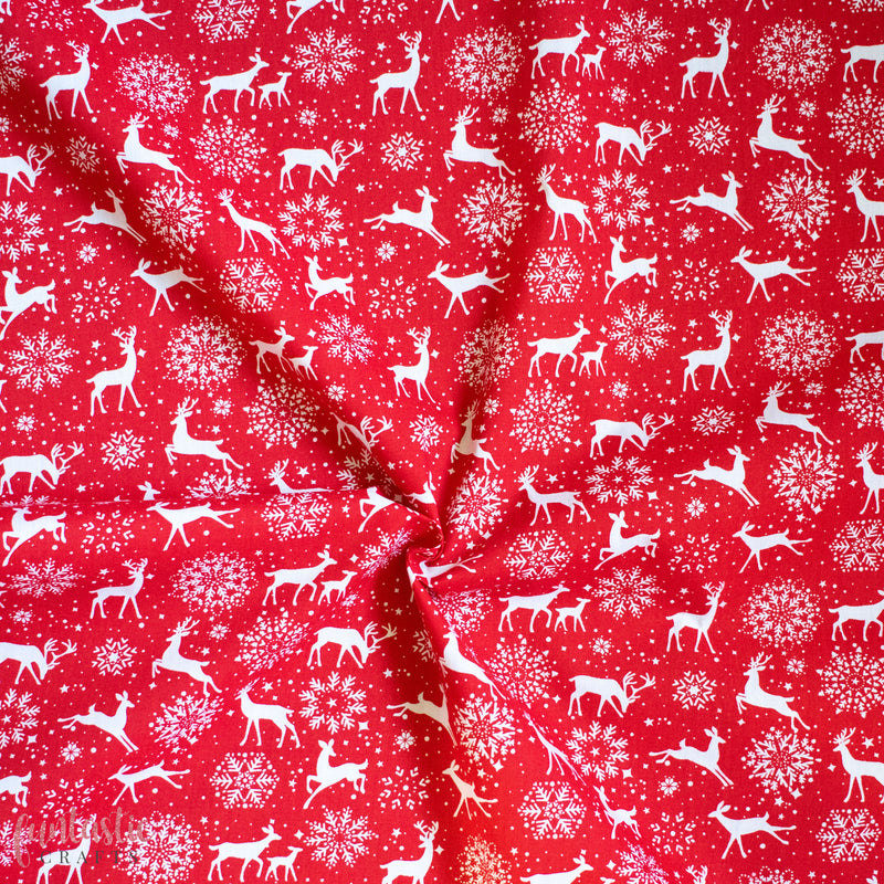 Reindeer & Snowflakes on Red - Christmas Polycotton Fabric