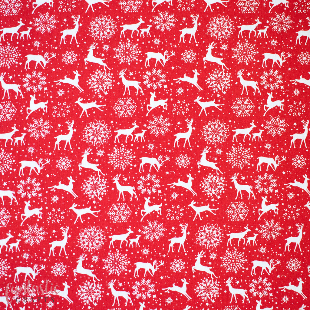 Reindeer & Snowflakes on Red - Christmas Polycotton Fabric