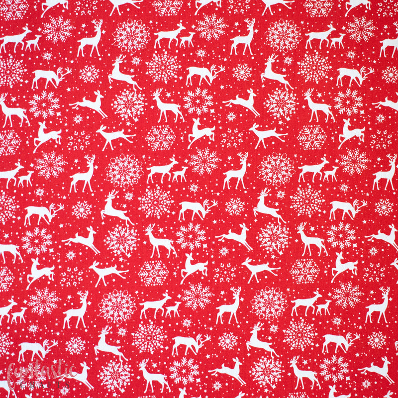 Reindeer & Snowflakes on Red - Christmas Polycotton Fabric