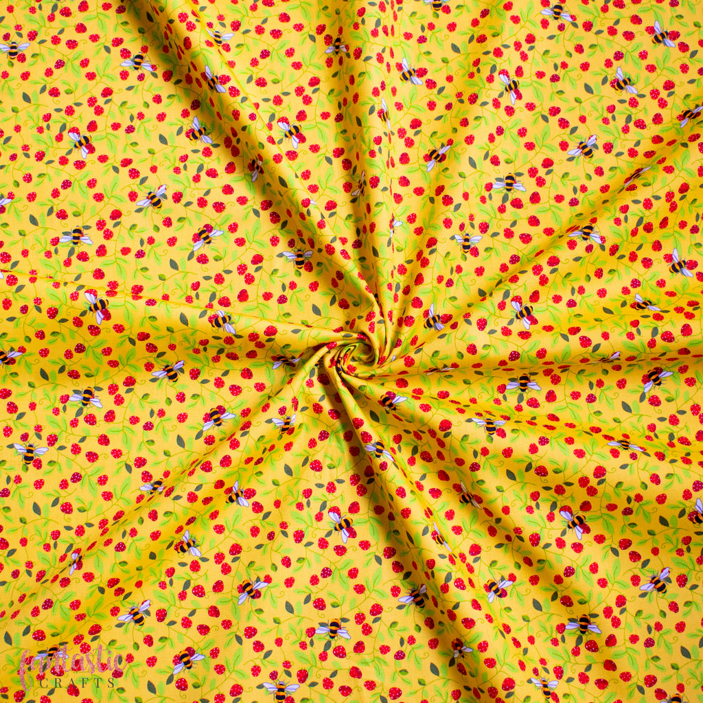 Yellow Strawberries and Bees - 100% Cotton Fabric by Rose and Hubble